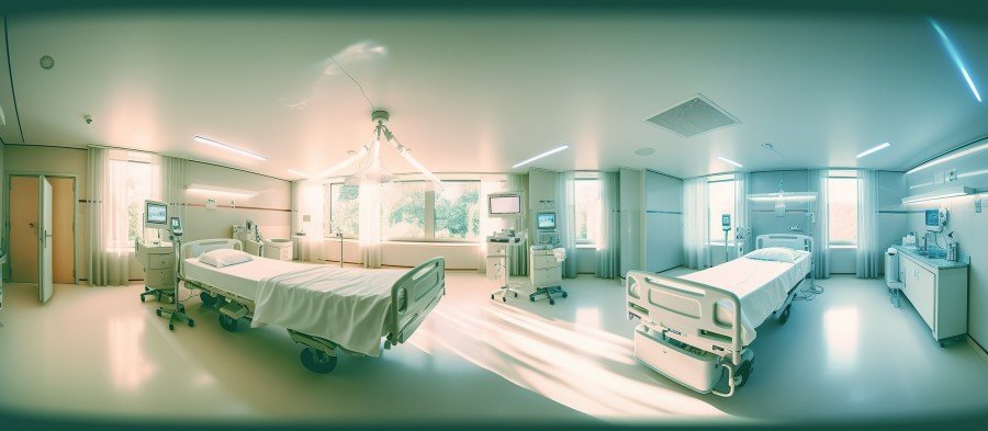 Bright, modern hospital room with two empty patient beds, medical equipment, large windows, and soft teal lighting.