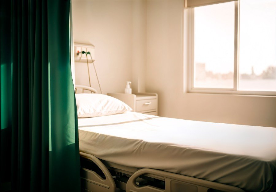 Adjustable hospital bed in a clean home-care room with privacy curtain