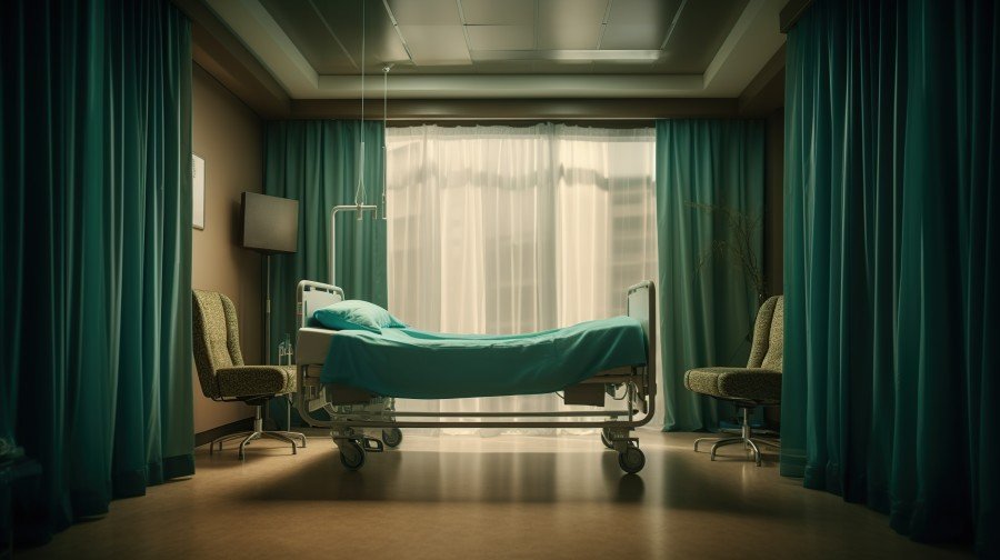 Empty hospital room with a hospital bed, teal curtains, chairs, and a softly lit window.