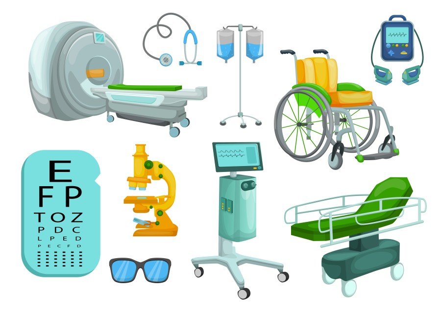 Medical Equipment on rent including MRI machine, wheelchair, IV stand, patient monitor, microscope, eye chart, examination glasses, and medical bed.